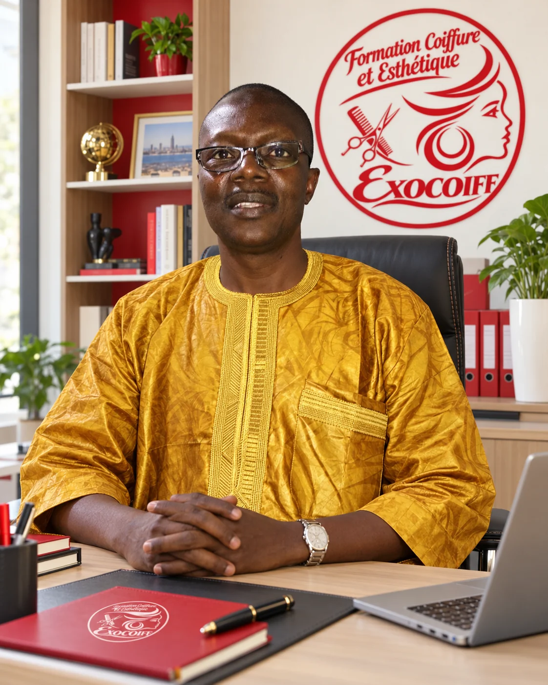 Portrait de M. NDIAYE, Directeur d’EXOCOIFF, dans un décor de bureau moderne